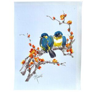 Art Original Blue Love Birds on Plum Branch Asian Watercolor Painting 11x14in
